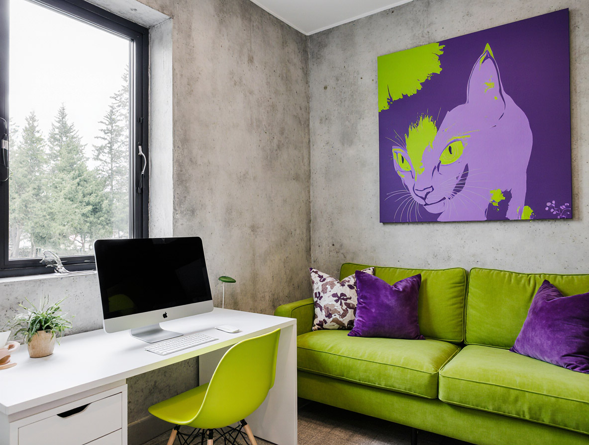 Office with lime gree couch and purple abstract cat painting